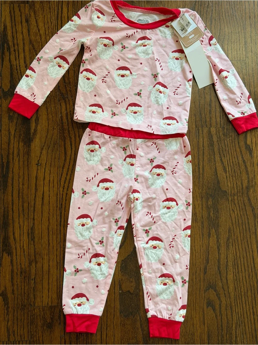 Mud Pie Pink Santa Face Pajama Set with Red Trim